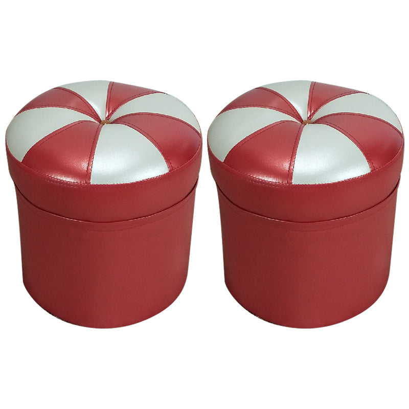 Minimalist Round Ottoman Contrast Panel Faux Leather Indoor Round Chair Ottoman Red 2 Piece Set Clearhalo 'furn' 'furn_ottomans_poufs' 'Furniture' 'Living Room Furniture' 'Ottomans & Poufs' 'ottomans_poufs' 5852371