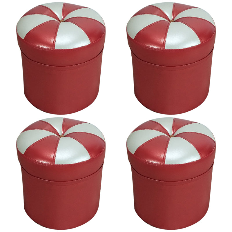 Minimalist Round Ottoman Contrast Panel Faux Leather Indoor Round Chair Ottoman Red 4 Piece Set Clearhalo 'furn' 'furn_ottomans_poufs' 'Furniture' 'Living Room Furniture' 'Ottomans & Poufs' 'ottomans_poufs' 5852374