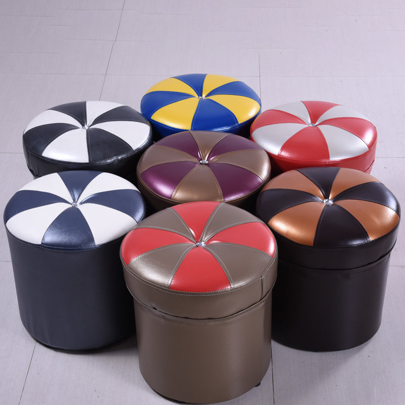 Minimalist Round Ottoman Contrast Panel Faux Leather Indoor Round Chair Ottoman Clearhalo 'furn' 'furn_ottomans_poufs' 'Furniture' 'Living Room Furniture' 'Ottomans & Poufs' 'ottomans_poufs' 5852376