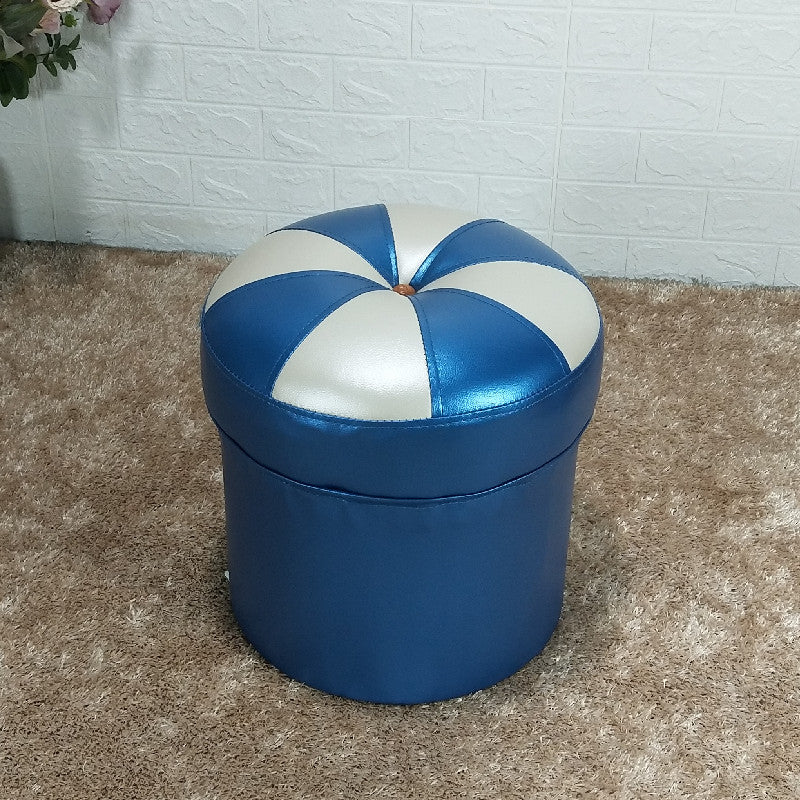 Minimalist Round Ottoman Contrast Panel Faux Leather Indoor Round Chair Ottoman Blue 1 Piece Clearhalo 'furn' 'furn_ottomans_poufs' 'Furniture' 'Living Room Furniture' 'Ottomans & Poufs' 'ottomans_poufs' 5852381