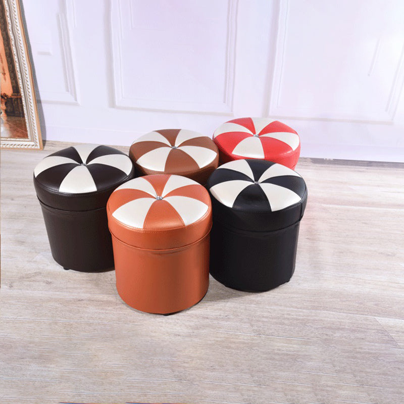 Minimalist Round Ottoman Contrast Panel Faux Leather Indoor Round Chair Ottoman Clearhalo 'furn' 'furn_ottomans_poufs' 'Furniture' 'Living Room Furniture' 'Ottomans & Poufs' 'ottomans_poufs' 5852387