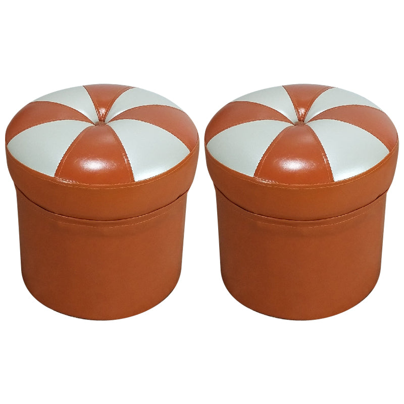 Minimalist Round Ottoman Contrast Panel Faux Leather Indoor Round Chair Ottoman Orange 2 Piece Set Clearhalo 'furn' 'furn_ottomans_poufs' 'Furniture' 'Living Room Furniture' 'Ottomans & Poufs' 'ottomans_poufs' 5852394