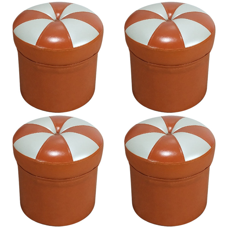 Minimalist Round Ottoman Contrast Panel Faux Leather Indoor Round Chair Ottoman Orange 4 Piece Set Clearhalo 'furn' 'furn_ottomans_poufs' 'Furniture' 'Living Room Furniture' 'Ottomans & Poufs' 'ottomans_poufs' 5852395