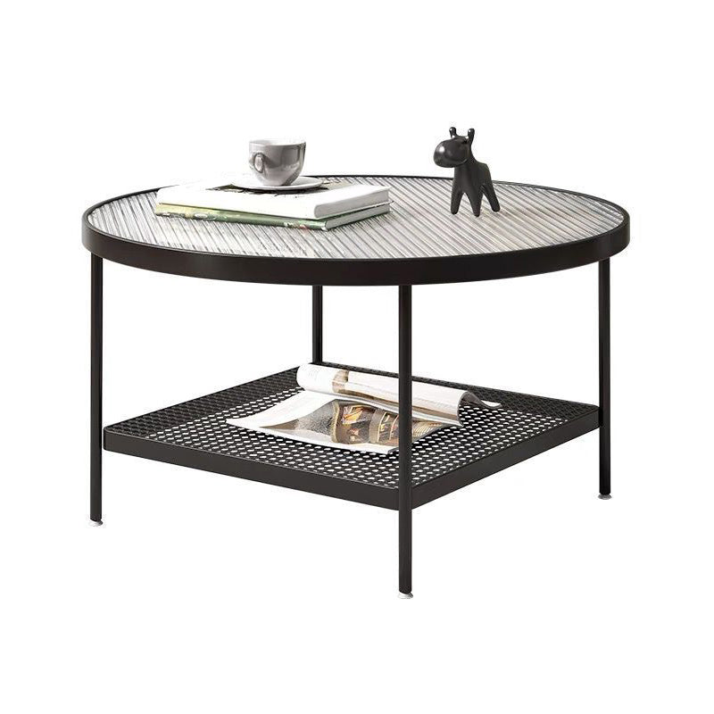 Modern Glass Top Cocktail Table with 4 Steel Legs and Storage Shelf
