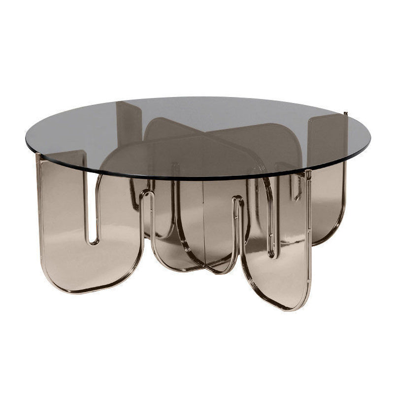 Round Glass Top Coffee Table with Cross Acrylic Base Cocktail Table Brown Gray Clearhalo 'Coffee & Accent Tables' 'Coffee Tables' 'coffee_tables' 'furn' 'furn_coffee_tables' 'Furniture' 'Living Room Furniture' 5859774