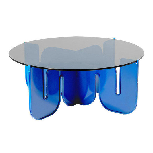 Round Glass Top Coffee Table with Cross Acrylic Base Cocktail Table