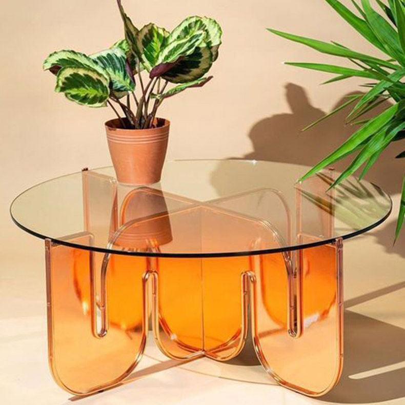 Round Glass Top Coffee Table with Cross Acrylic Base Cocktail Table Clearhalo 'Coffee & Accent Tables' 'Coffee Tables' 'coffee_tables' 'furn' 'furn_coffee_tables' 'Furniture' 'Living Room Furniture' 5859780
