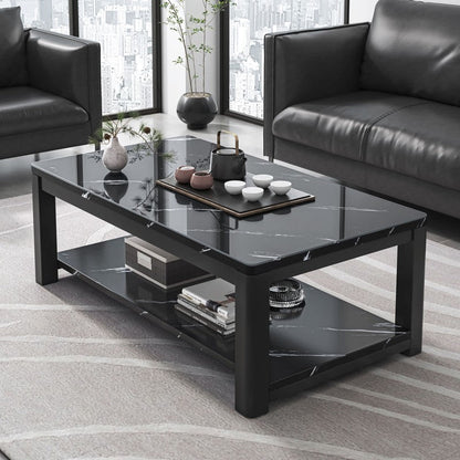 Glam Frame Salontafel Leisteen Cocktailtafel met Opbergplank voor Woonkamer