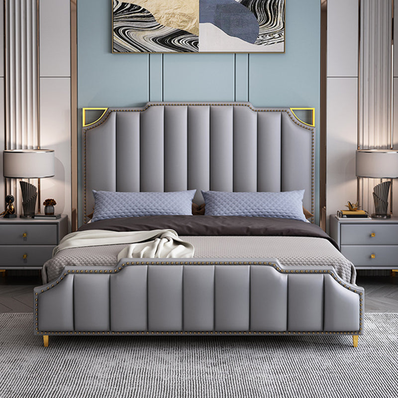 Contemporary Wood and Upholstered Panel Bed with Nailhead Trim