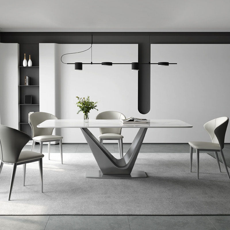 Mesa base de pedestal de metal gris rectángulo de comedor de piedra sinterizada