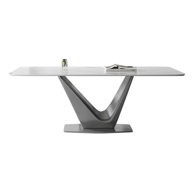 Mesa base de pedestal de metal gris rectángulo de comedor de piedra sinterizada