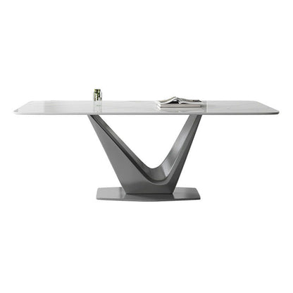 Mesa base de pedestal de metal gris rectángulo de comedor de piedra sinterizada