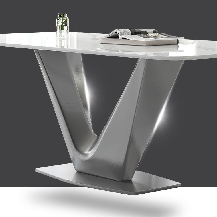 Mesa base de pedestal de metal gris rectángulo de comedor de piedra sinterizada