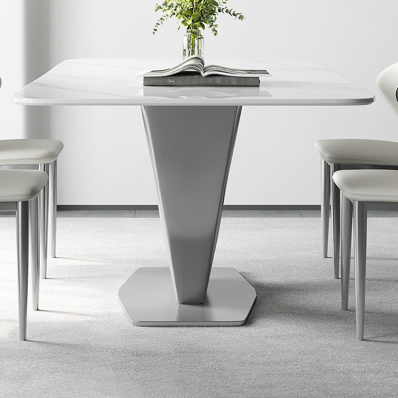Mesa base de pedestal de metal gris rectángulo de comedor de piedra sinterizada