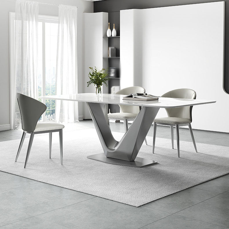 Mesa base de pedestal de metal gris rectángulo de comedor de piedra sinterizada