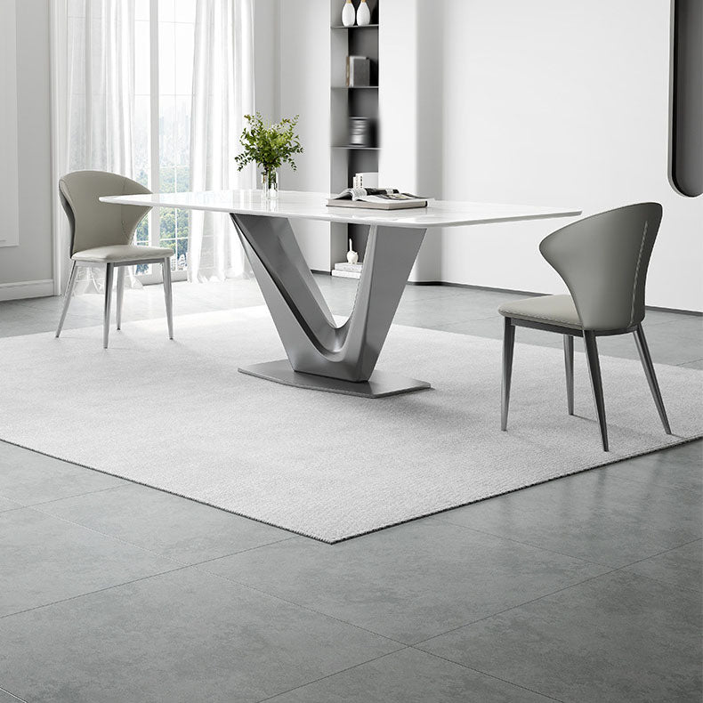 Mesa base de pedestal de metal gris rectángulo de comedor de piedra sinterizada