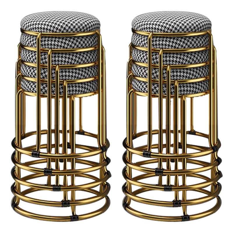 Houndstooth Print Pouf Ottoman Round Linen Stain Resistant Glam Ottoman