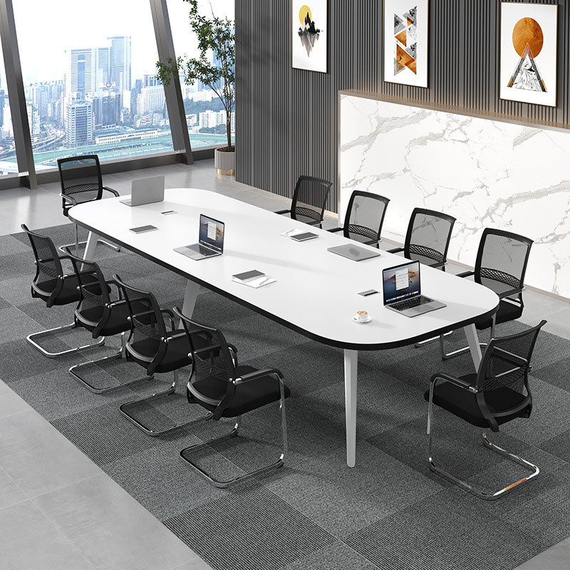 White Oval Writing Desk Office Manufactured Wood Desk with Parsons Base Clearhalo 'furn' 'furn_office_desk' 'Furniture' 'Office Desks' 'Office Furniture' 'office_desk' 5869372