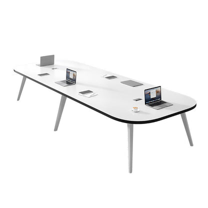 White Oval Writing Desk Office Manufactured Wood Desk with Parsons Base 110.2"L x 47.2"W x 29.5"H Clearhalo 'furn' 'furn_office_desk' 'Furniture' 'Office Desks' 'Office Furniture' 'office_desk' 5869375