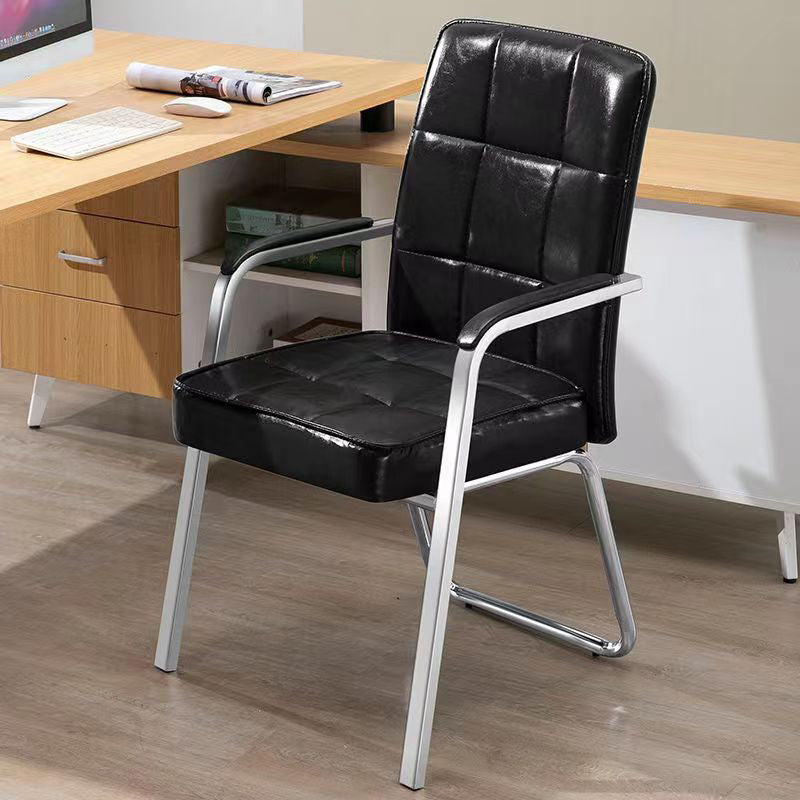 Modern Fixed Arms Leather Chair No Wheels Mid-Back Office Chair Black 1 Piece Leather Clearhalo 'furn' 'furn_office_chair' 'Furniture' 'Office Chairs' 'Office Furniture' 'office_chair' 5869758