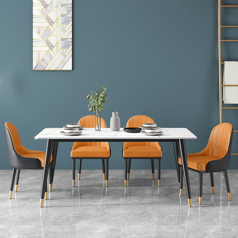Glam Rectangle 1/3/4/5/7 Pieces Dinette Set Metal Legs Indoor Dining Table Set 5 Pieces: White-gold Table, 4 Orange Chairs Clearhalo 'Dining Room Sets' 'Dining Tables & Seating' 'dining_room_set' 'furn' 'furn_dining_room_set' 'Furniture' 'Kitchen & Dining Furniture' 5870917