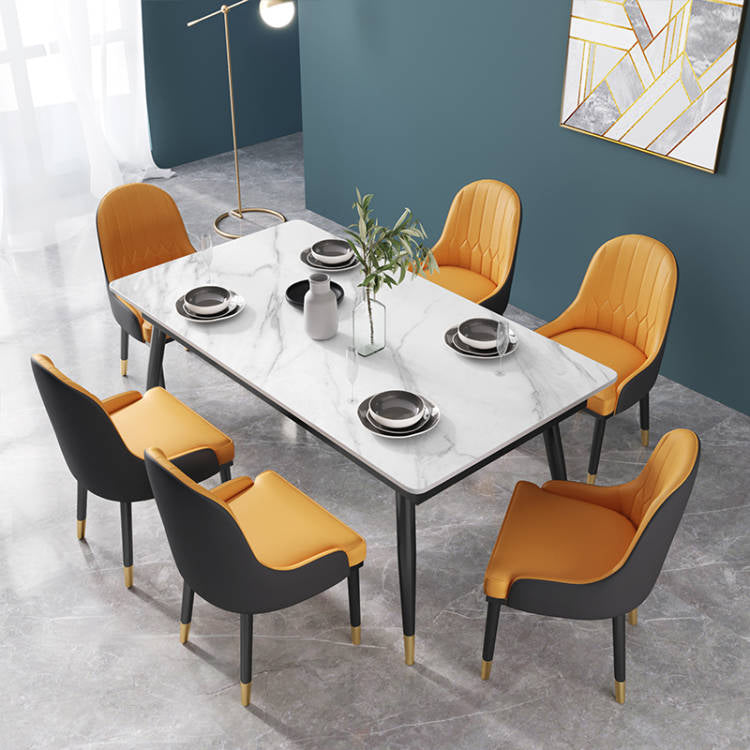 Glam Rectangle 1/3/4/5/7 Pieces Dinette Set Metal Legs Indoor Dining Table Set 7 Pieces: White Table, 6 Orange Chairs Clearhalo 'Dining Room Sets' 'Dining Tables & Seating' 'dining_room_set' 'furn' 'furn_dining_room_set' 'Furniture' 'Kitchen & Dining Furniture' 5870918