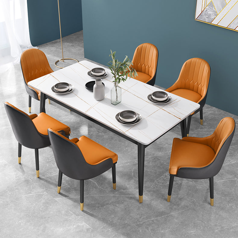 Glam Rectangle 1/3/4/5/7 Pieces Dinette Set Metal Legs Indoor Dining Table Set 7 Pieces: White-Gold Table, 6 Orange Chairs Clearhalo 'Dining Room Sets' 'Dining Tables & Seating' 'dining_room_set' 'furn' 'furn_dining_room_set' 'Furniture' 'Kitchen & Dining Furniture' 5870919
