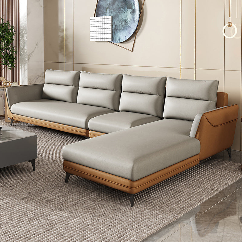 Faux Leather Sectionals 136.22" L Flared Arm Stain-Resistant Sectionals Orange Right Clearhalo 'furn' 'furn_sectionals' 'Furniture' 'Living Room Furniture' 'Sectionals' 5872051