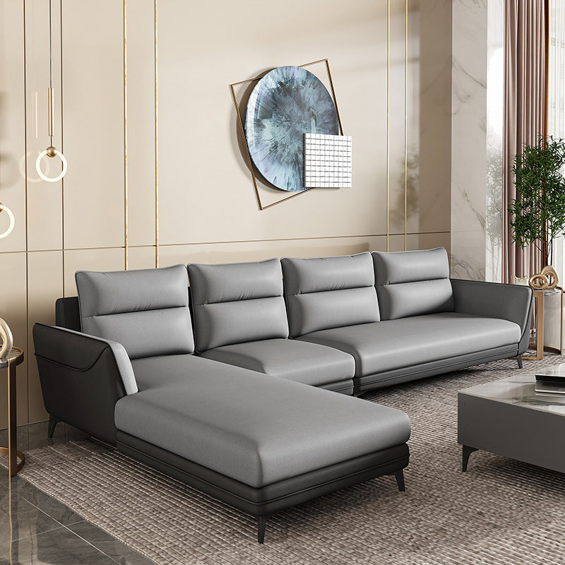Faux Leather Sectionals 136.22" L Flared Arm Stain-Resistant Sectionals Grey Left Clearhalo 'furn' 'furn_sectionals' 'Furniture' 'Living Room Furniture' 'Sectionals' 5872052