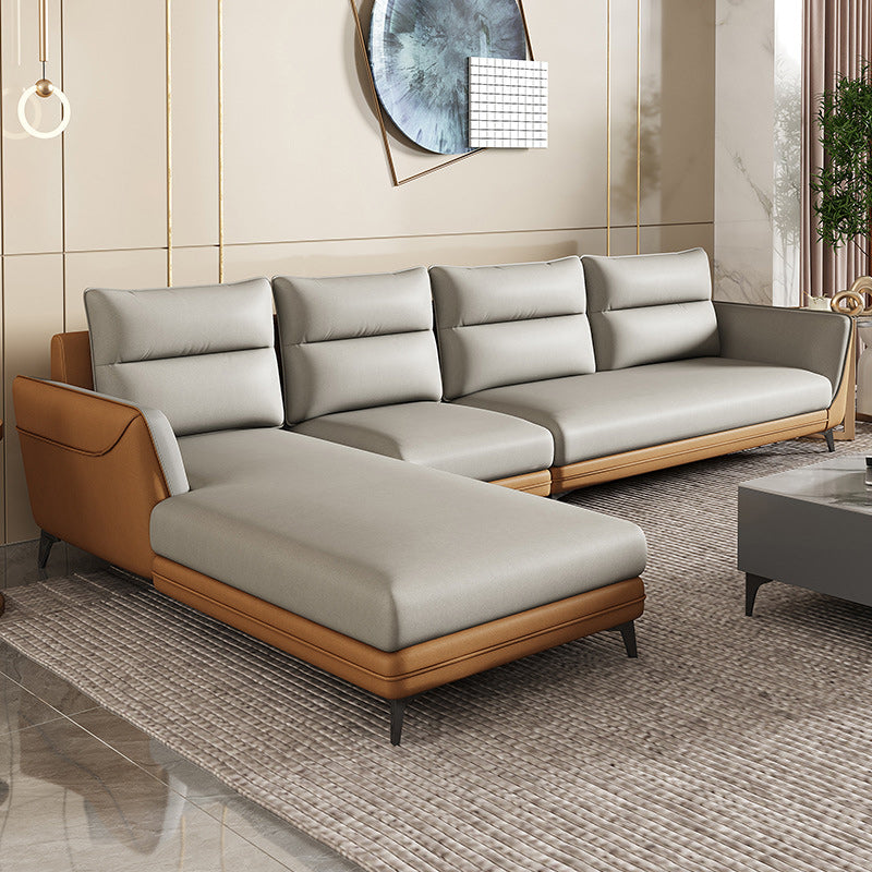 Faux Leather Sectionals 136.22" L Flared Arm Stain-Resistant Sectionals Orange Left Clearhalo 'furn' 'furn_sectionals' 'Furniture' 'Living Room Furniture' 'Sectionals' 5872058