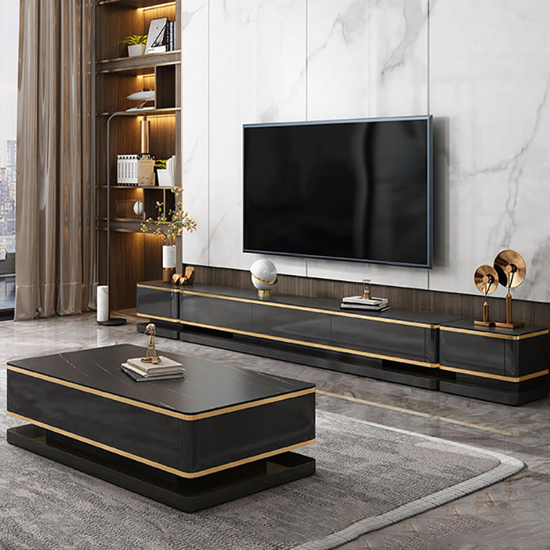 4つの固体木材の引き出しと石の上の長方形のカクテルテーブル