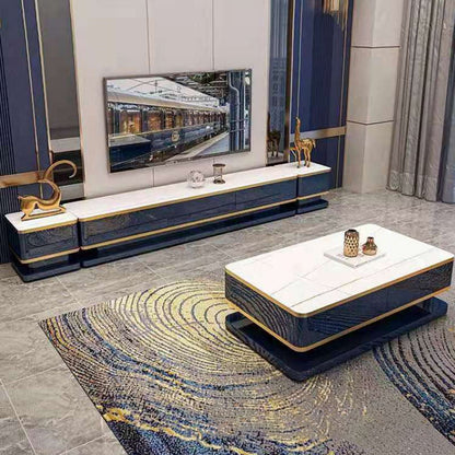 4つの固体木材の引き出しと石の上の長方形のカクテルテーブル