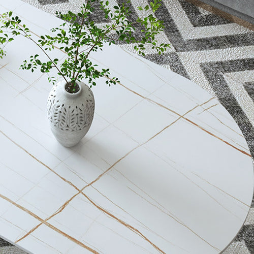 Glam Oval Slate Coffee Table with Iron Frame and Stone Top Cocktail Table