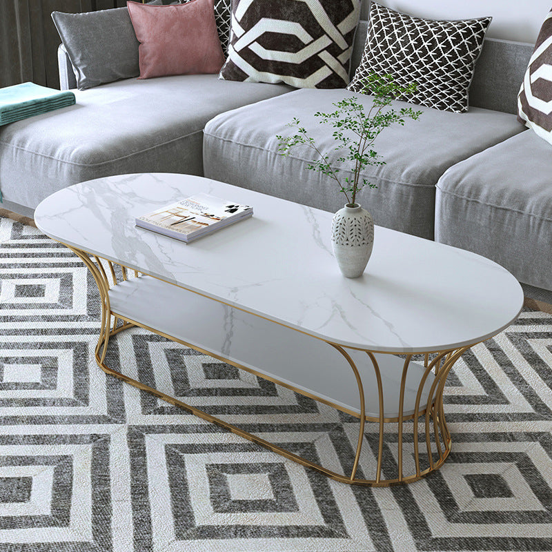 Glam Oval Slate Coffee Table with Iron Frame and Stone Top Cocktail Table