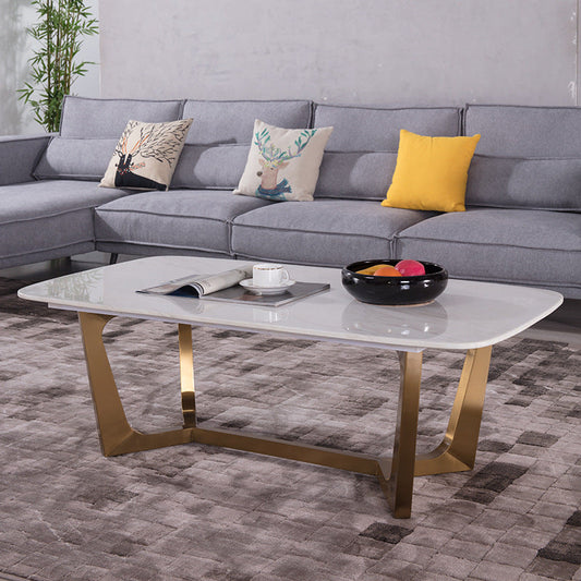 Tavolino in marmo bianco con base di cavalletto in acciaio dorato