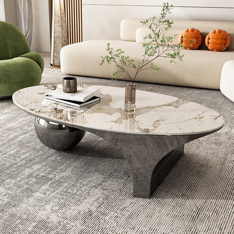 Oval Stone Top Coffee Table with Steel Base 51.18" Long 27.56" Wide Clearhalo 'Coffee & Accent Tables' 'Coffee Tables' 'coffee_tables' 'furn' 'furn_coffee_tables' 'Furniture' 'Living Room Furniture' 5872305