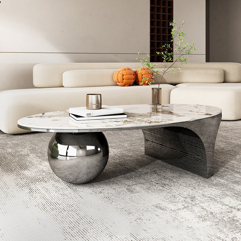 Oval Stone Top Coffee Table with Steel Base 51.18" Long 27.56" Wide Clearhalo 'Coffee & Accent Tables' 'Coffee Tables' 'coffee_tables' 'furn' 'furn_coffee_tables' 'Furniture' 'Living Room Furniture' 5872306