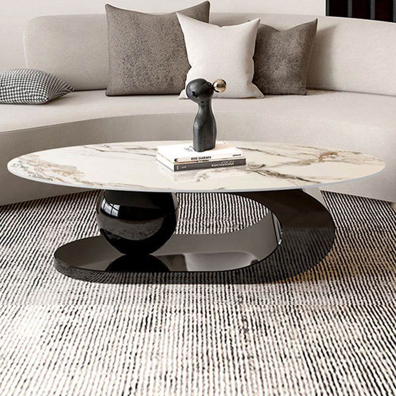 Oval Stone Top Coffee Table with Steel Base 51.18" Long 27.56" Wide Pedestal Black Clearhalo 'Coffee & Accent Tables' 'Coffee Tables' 'coffee_tables' 'furn' 'furn_coffee_tables' 'Furniture' 'Living Room Furniture' 5872307