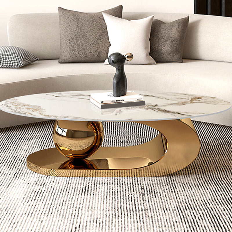 Oval Stone Top Coffee Table with Steel Base 51.18" Long 27.56" Wide Pedestal Gold Clearhalo 'Coffee & Accent Tables' 'Coffee Tables' 'coffee_tables' 'furn' 'furn_coffee_tables' 'Furniture' 'Living Room Furniture' 5872308