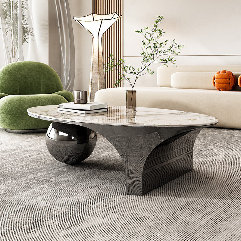 Oval Stone Top Coffee Table with Steel Base 51.18" Long 27.56" Wide Clearhalo 'Coffee & Accent Tables' 'Coffee Tables' 'coffee_tables' 'furn' 'furn_coffee_tables' 'Furniture' 'Living Room Furniture' 5872312