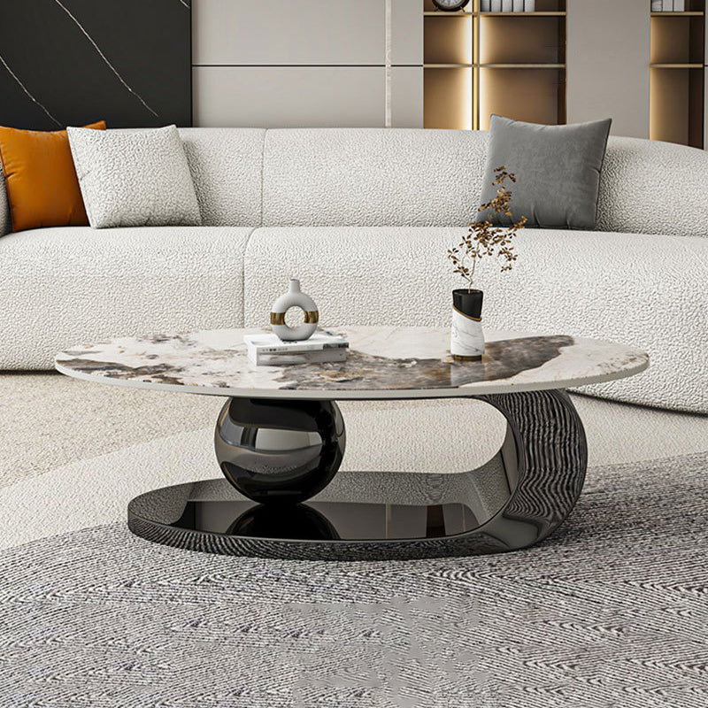 Oval Stone Top Coffee Table with Steel Base 51.18" Long 27.56" Wide Clearhalo 'Coffee & Accent Tables' 'Coffee Tables' 'coffee_tables' 'furn' 'furn_coffee_tables' 'Furniture' 'Living Room Furniture' 5872313