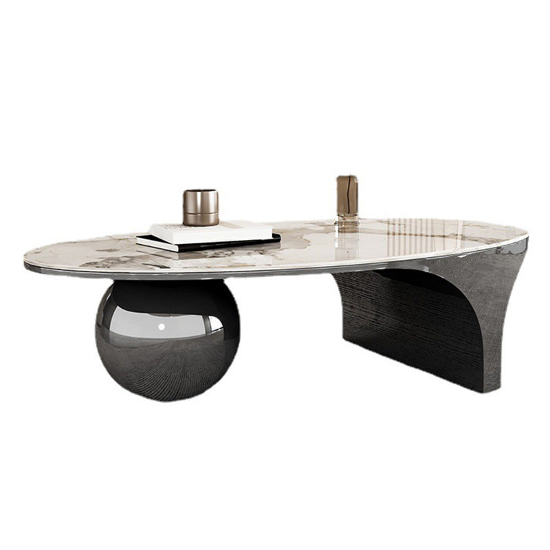 Oval Stone Top Coffee Table with Steel Base 51.18" Long 27.56" Wide Double Pedestal Black Clearhalo 'Coffee & Accent Tables' 'Coffee Tables' 'coffee_tables' 'furn' 'furn_coffee_tables' 'Furniture' 'Living Room Furniture' 5872314