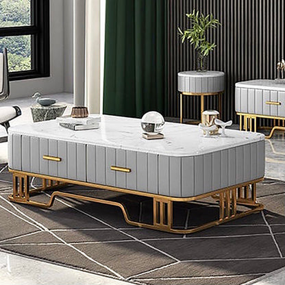 Glam Iron Frame Base Coffee Table with White Marble Top and 2 Drawers