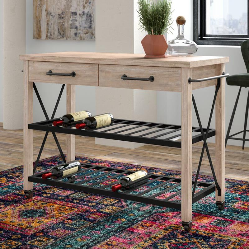 Eigentijdse rollende keukenkar houten rechthoekige keukeneiland kar met handdoekrek