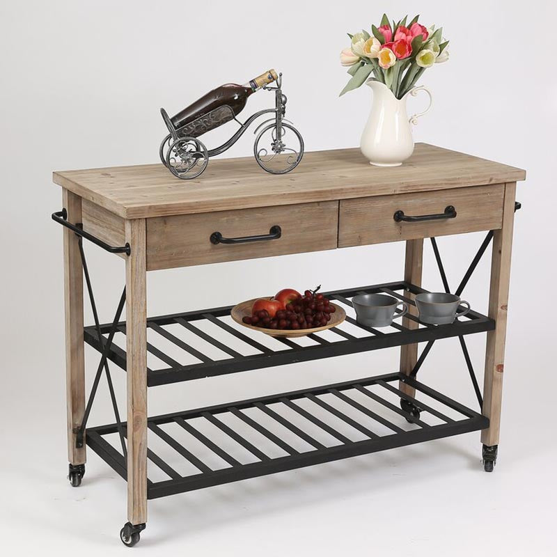 Eigentijdse rollende keukenkar houten rechthoekige keukeneiland kar met handdoekrek