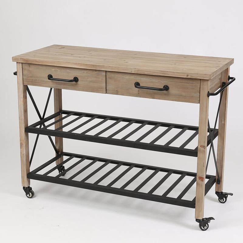 Eigentijdse rollende keukenkar houten rechthoekige keukeneiland kar met handdoekrek