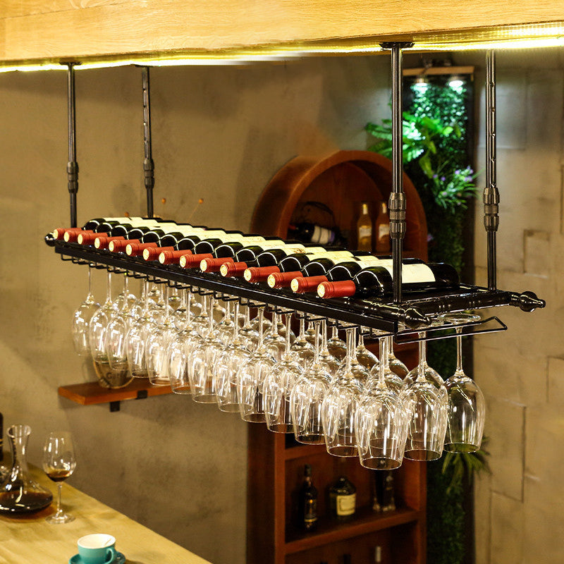 黒と真鍮の金属吊りワインボトル＆ガラスラック工業用ワイングラスラック
