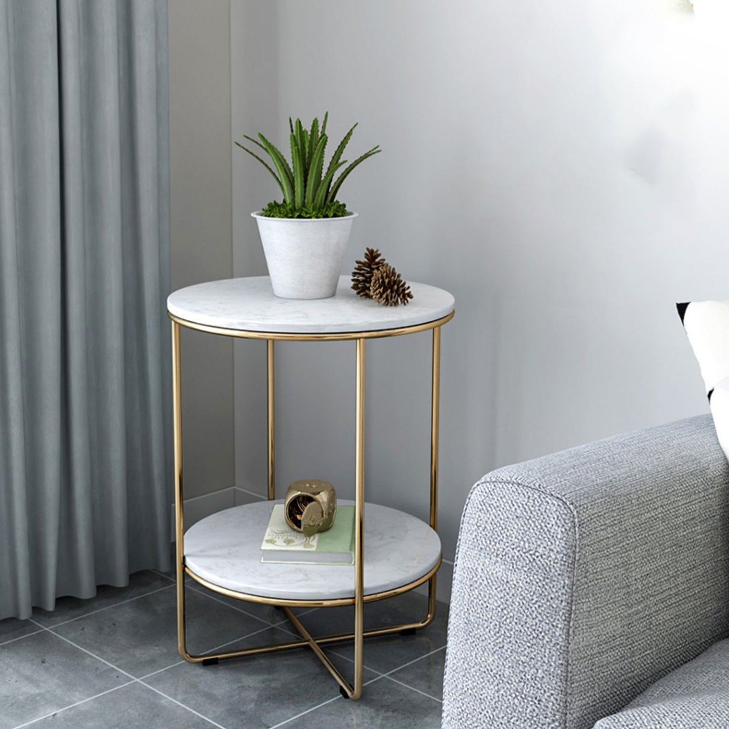 23.62 "Cama de altura Mesa de mármol nocturna con 2 estantes