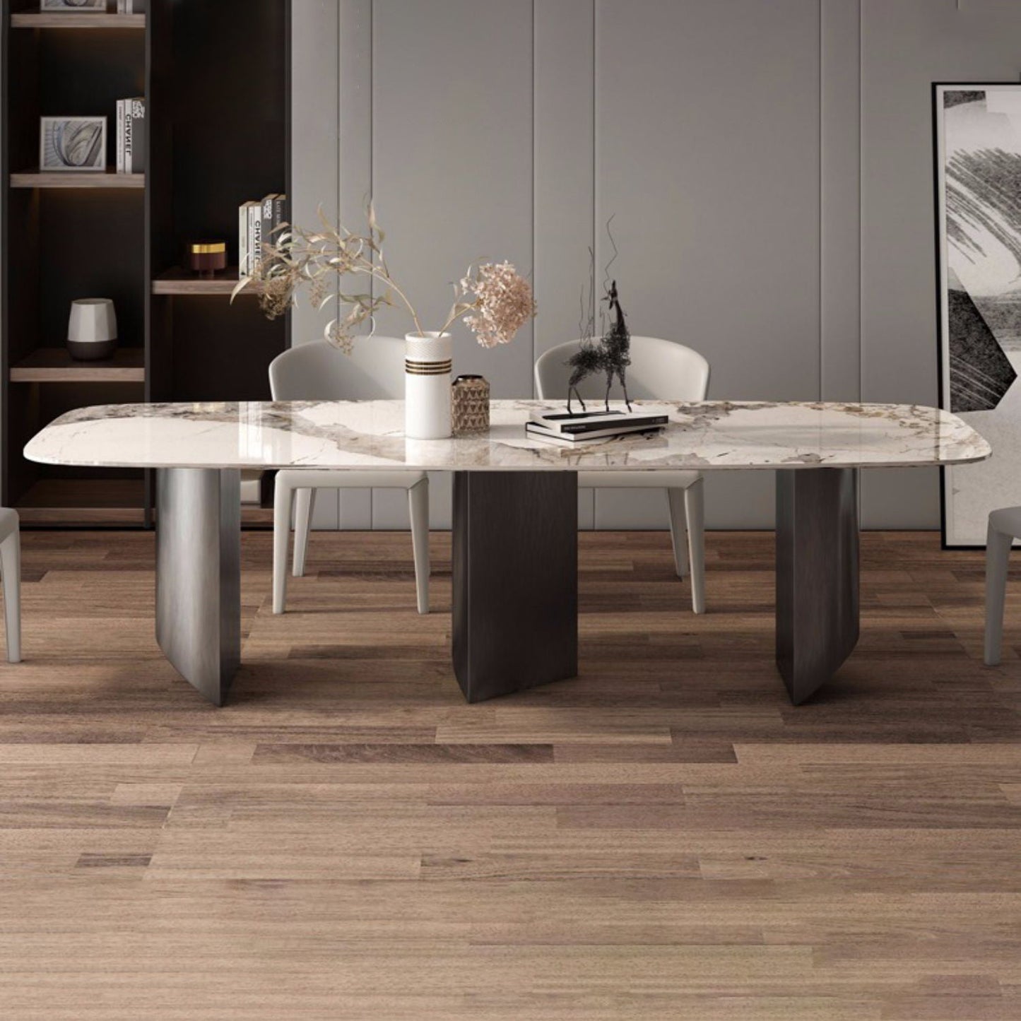 Muebles modernos Mesa de comedor de piedra sinterizada rectangular blanca con patas de metal para el hogar