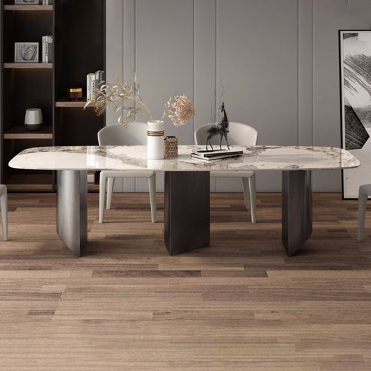 Modern Furniture White Rectangular Sintered Stone Dining Table with Metal Legs for Home